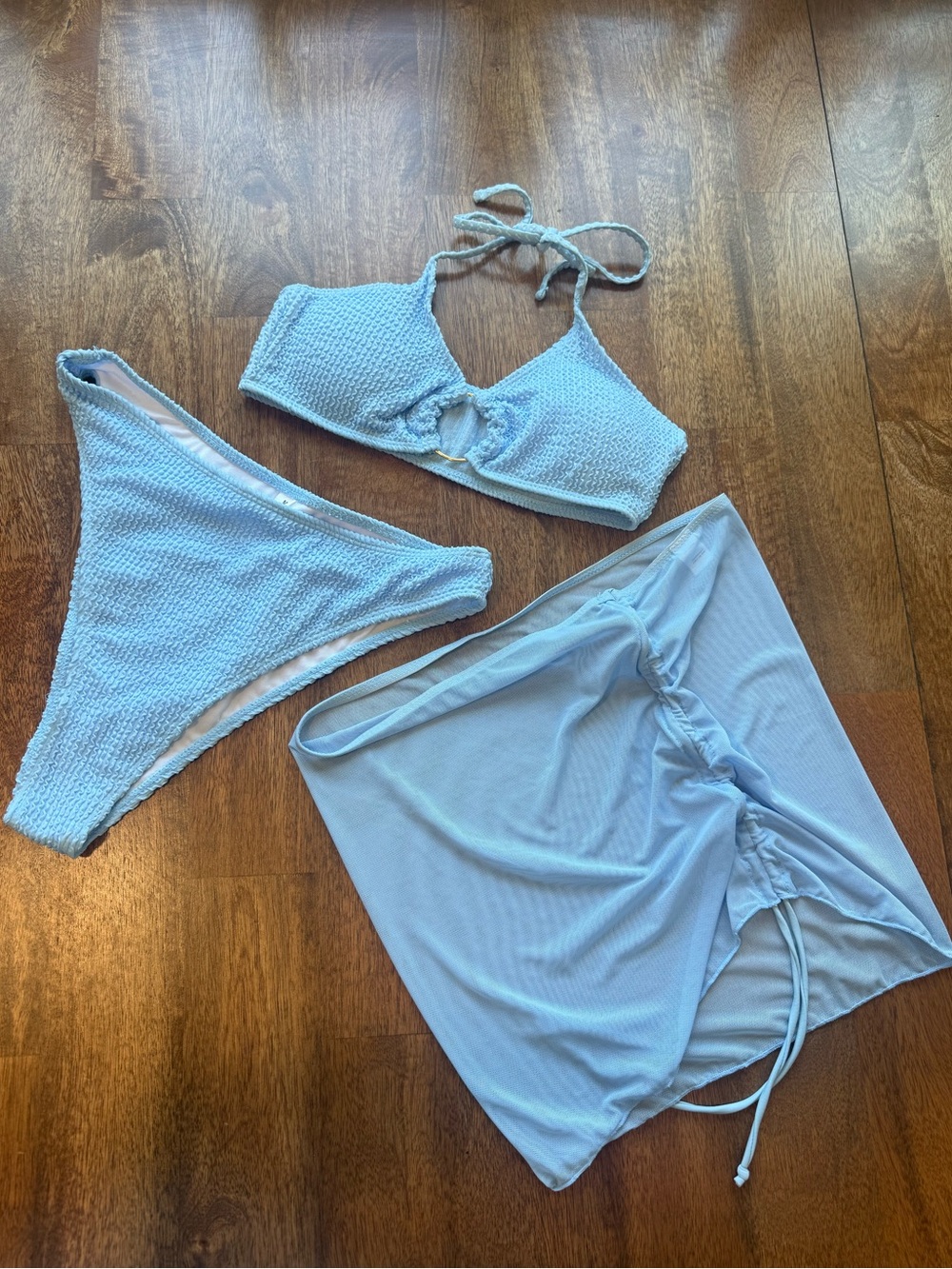Light Blue Textured Bikini Set with Matching Skirt